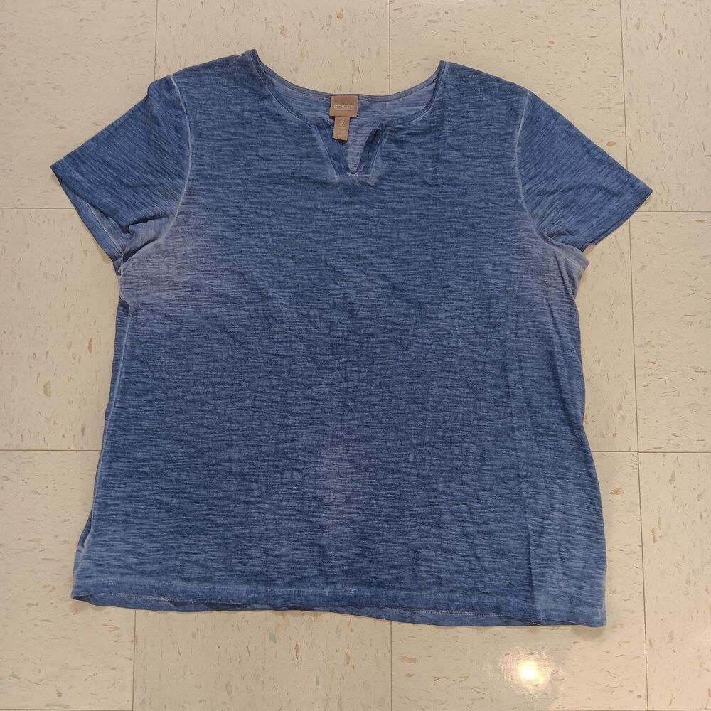 Chico's Knit T-Shirt Blue Solid Crew Neck Short Sleeve Women Size 3